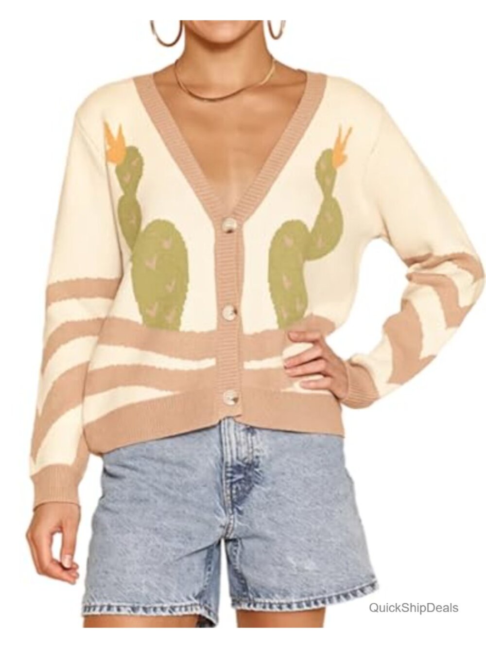Women's Knit Button Down Cardigan Sweater Long Sleeve V Neck Loose Fit